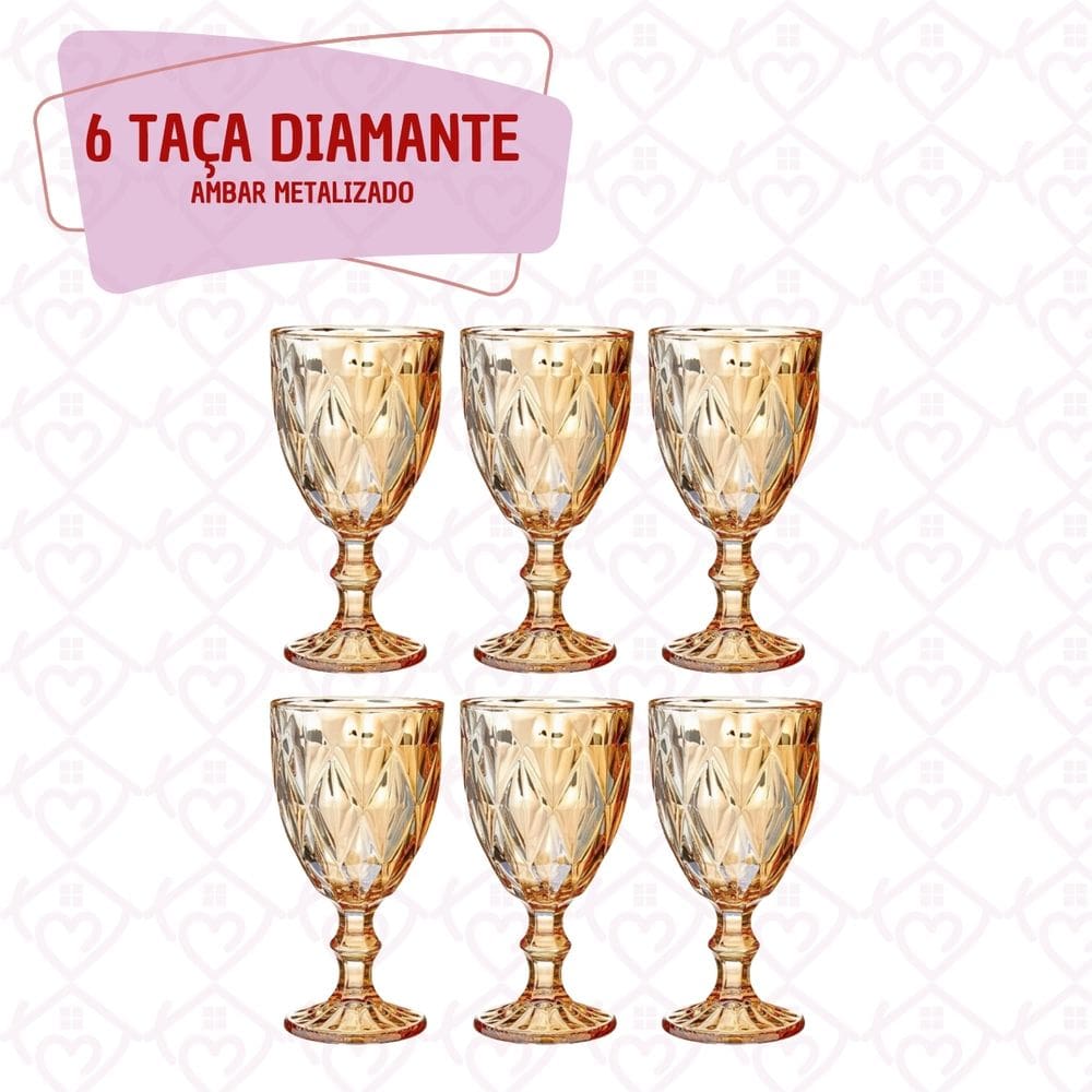 6 Taça Diamante Ambar Vidro 330ml Bico de Jaca Vinho/Gin Kit