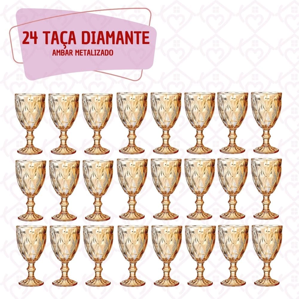 Jg 24 Taça Copo Vidro Diamante 330ml Âmbar Resistente Vinho