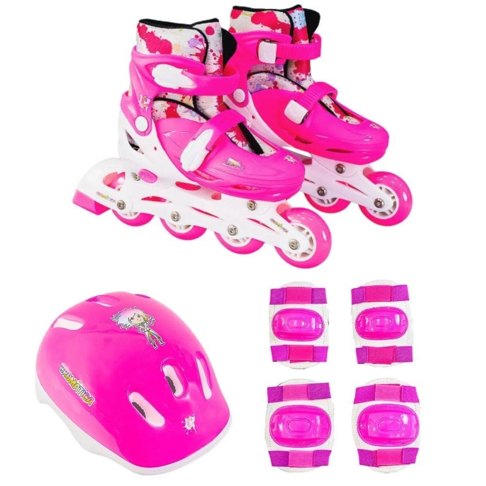 Patins Infantil Roller In line 4 Rodas 31 Ao 34 Menino Menina Ajustável Abec-7 Com Kit De Proteção Freio Traseiro Bota Confortável Rosa