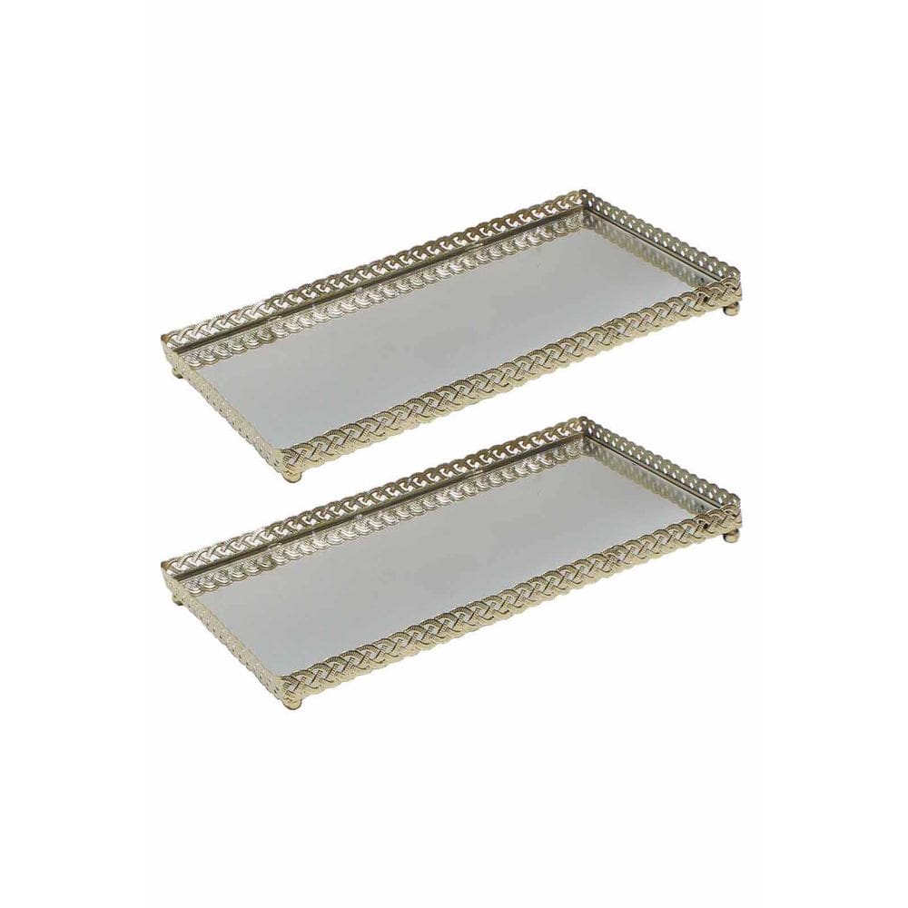 Kit 2 Bandeja Metal com Espelho Lavabo Banheiro 26cm Dourado