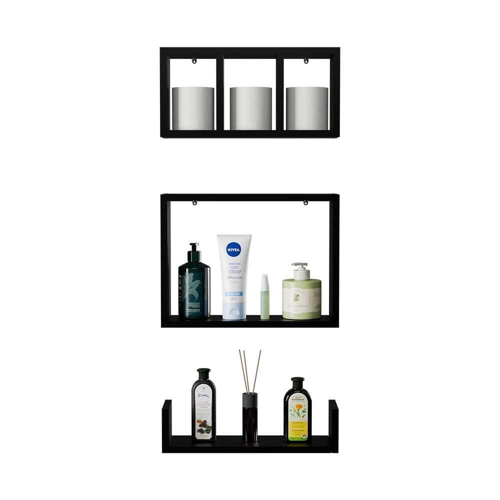 Conjunto Kit 3 Nichos Prateleiras Decorativas Preta para Banheiro