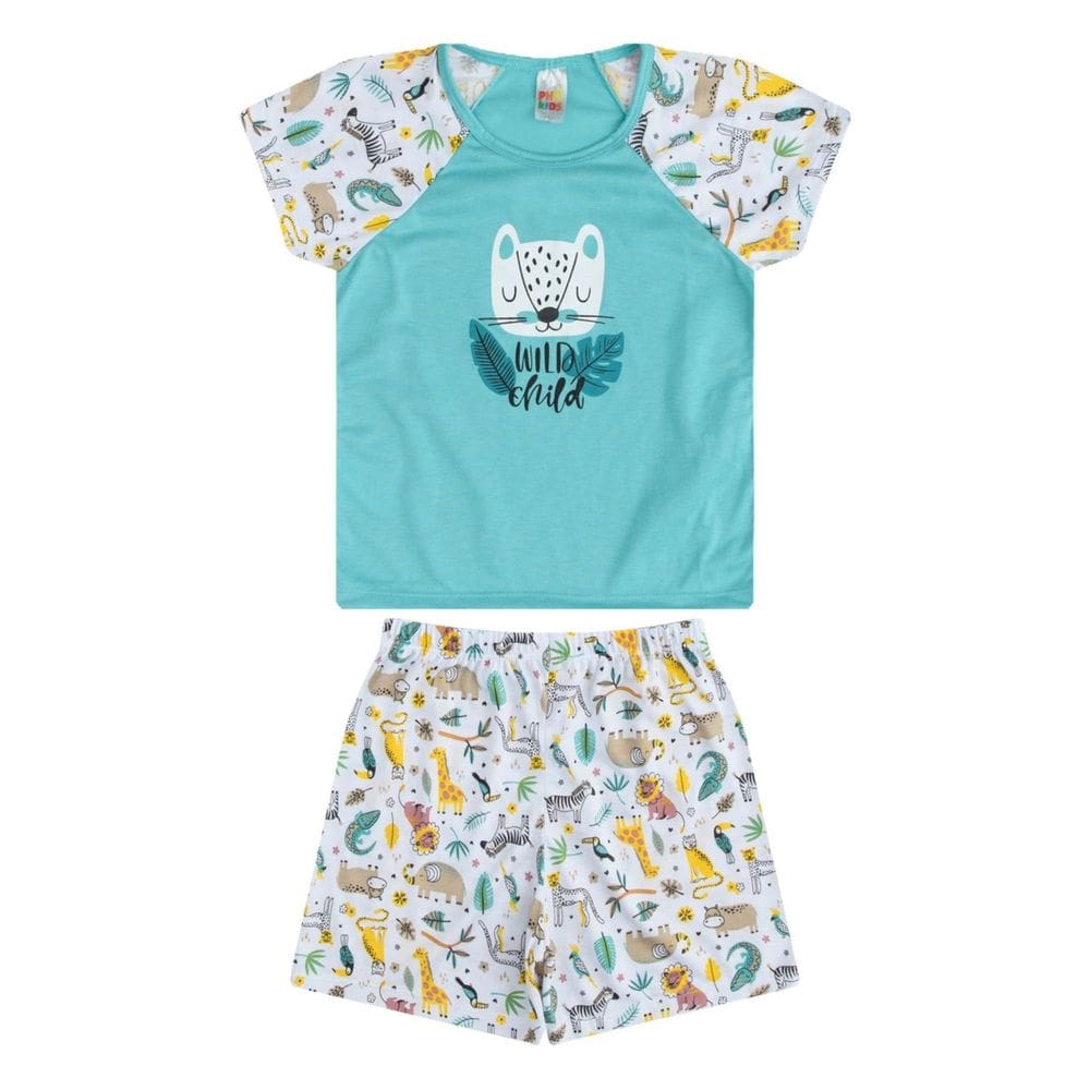 Pijama Infantil Masculino Manga Curta Verde Claro e Branco
