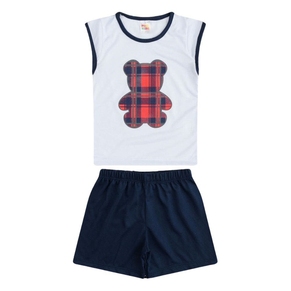 Pijama Infantil Menina Blusa Branca com Ursinho e Shorts Azul