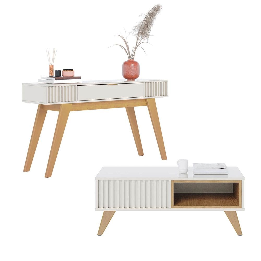 Kit Aparador e Mesa de Centro para Sala de Estar Off White Freijó Colibri