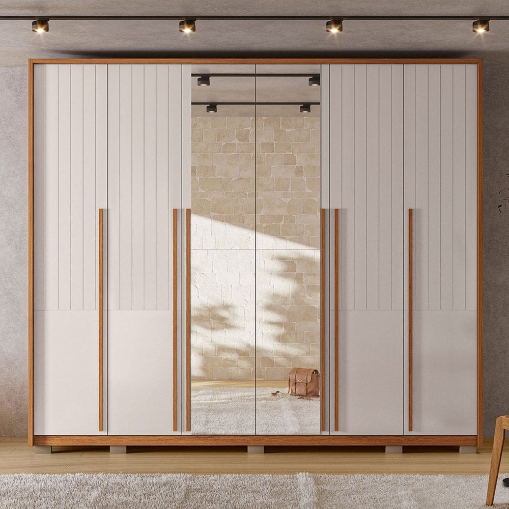 Guarda-Roupa Casal Ripado com Espelhos 6 Portas 6 Gavetas Suburban Gold Lux Freijó/Off White