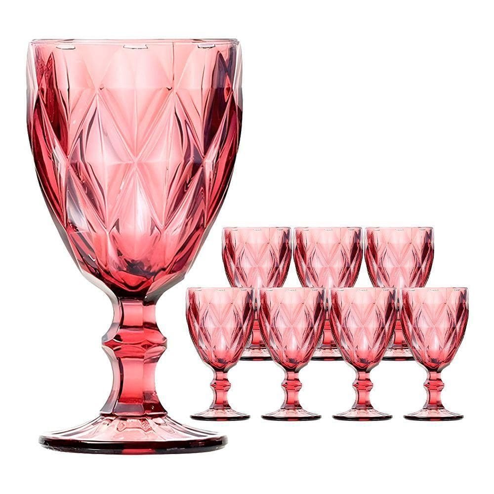 Jogo 8 Taças De Vidro Diamond Diamante Rosa Lilás 300ml água Class Home