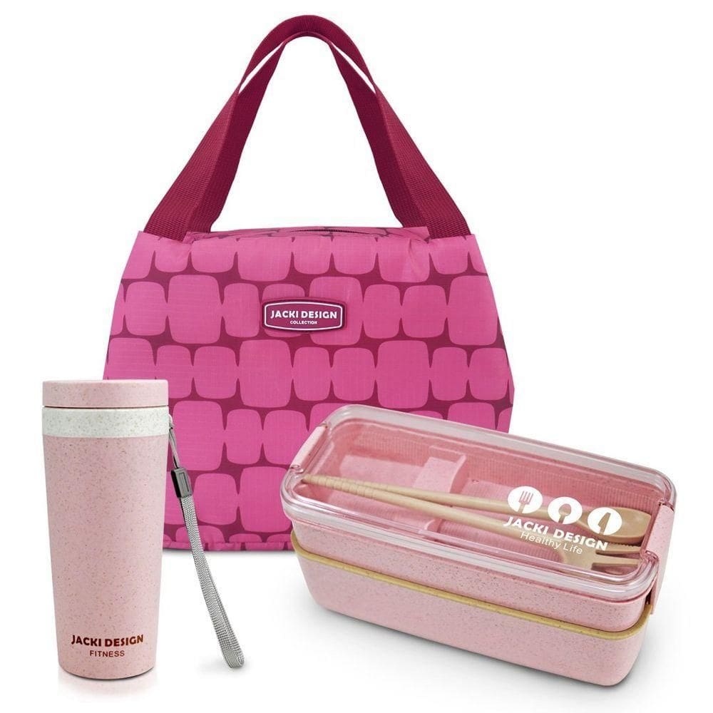 Conjunto Bolsa Térmica Com Copo Com Tampa 300ml E Pote Marmita Ecológica De 2 Andares 750ml Pink