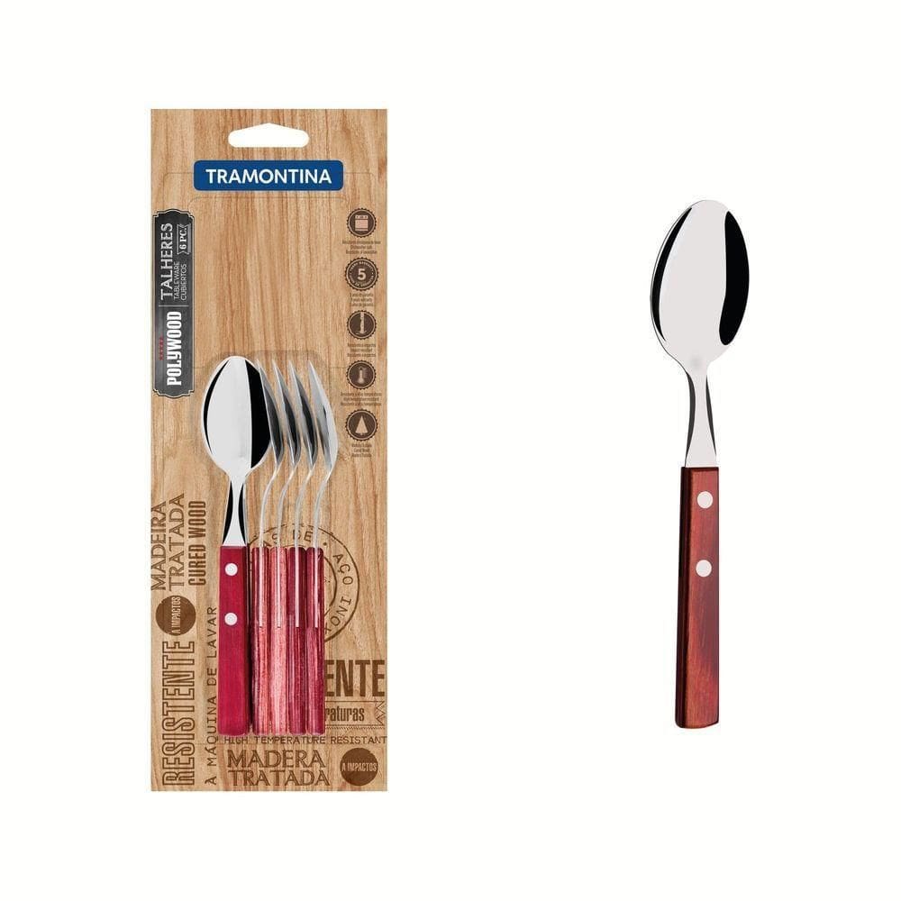 Conjunto De Colheres Para Chá Com Lâminas Em Aço Inox E Cabos Em Madeira Polywood Vermelh
