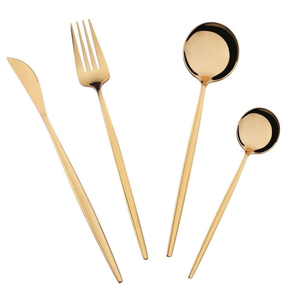 Jogo De Talheres 4 Peças Conjunto Luxo Dourado Colher Garfo Faca Jantar Cozinha Mesa Gourmet