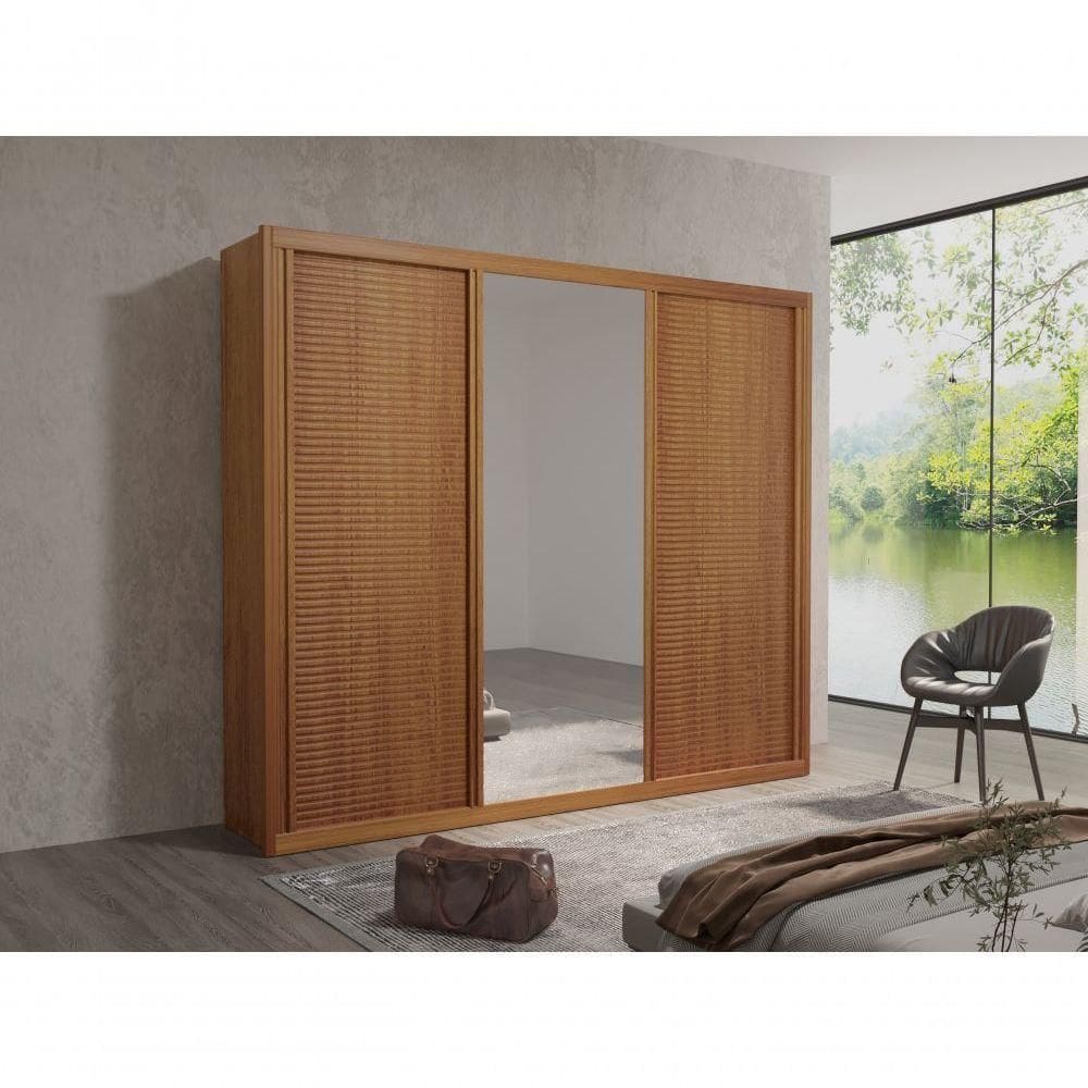 Guarda Roupa Joly 100% Mdf Ripado Com Espelho Naturale