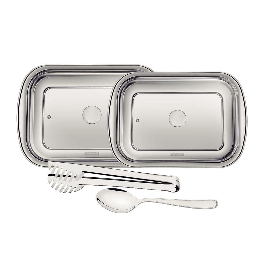Kit Para Assar E Servir Tramontina Cosmos Em Aço Inox Com Tampa De Vidro 4 Peças