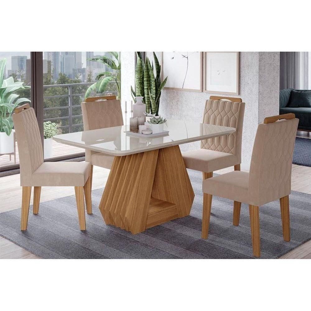 Sala De Jantar Completa ágata Tampo Madeirado C/ Vidro 130x80cm E 4 Cadeiras Paola Nature/ow/nude - Cimol