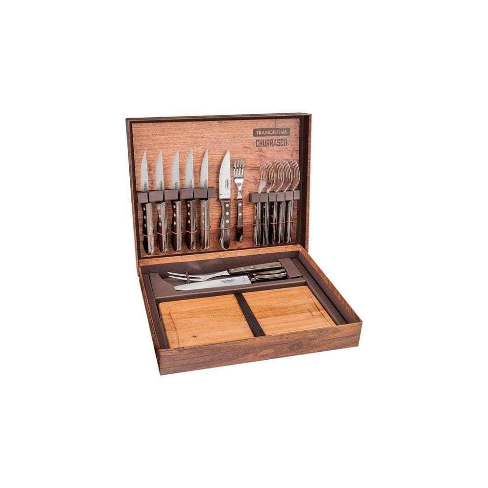 Kit Para Churrasco Lâminas Aço Inox E Cabos Em Madeira Polywood Castanho 15 Peças