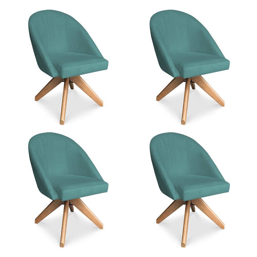 Kit 04 Poltronas Cadeira Giratória Bela Suede Azul Turquesa Base de Madeira - Pallazio