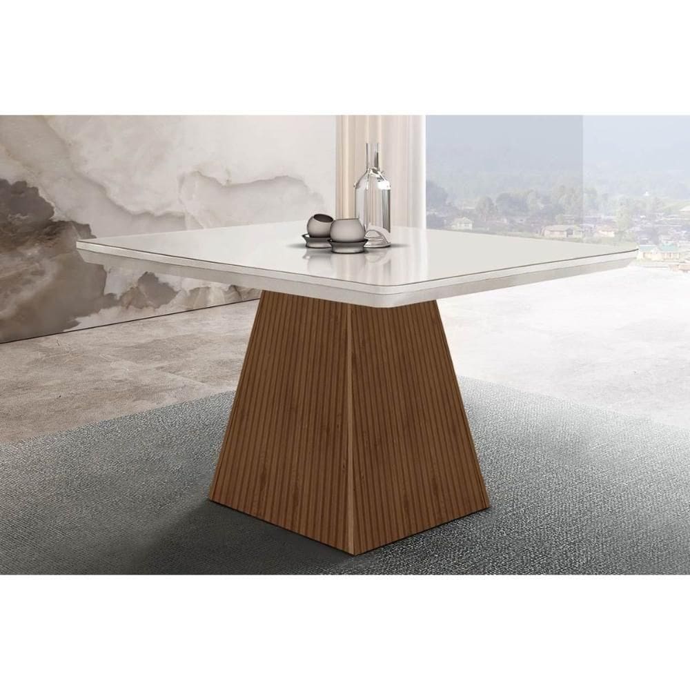 Mesa De Sala Jantar + Tampo Madeirado Vidro Curvo 90x90cm Off White/imbuia Ripado-vidro Off White