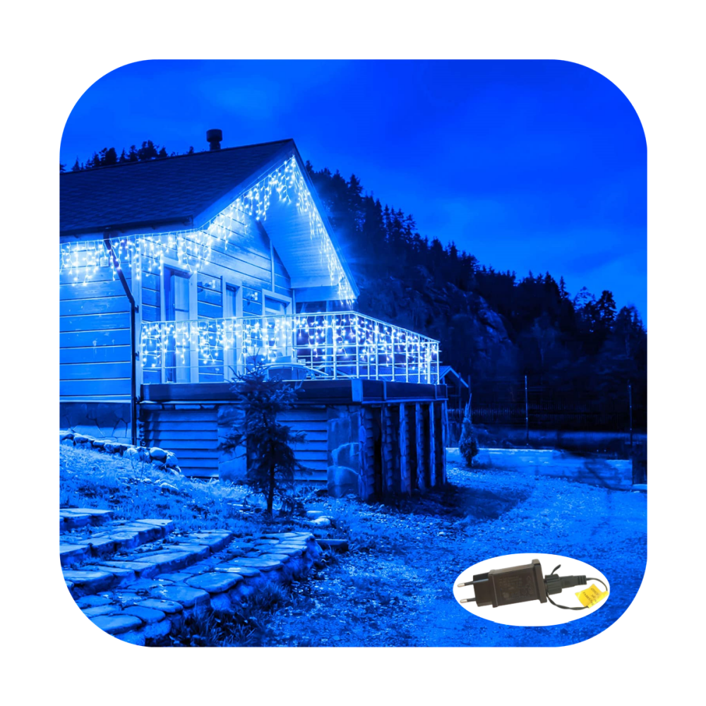 Cascata 300 Led 10 Funções Prova D`água Azul 31v Bivolt Fio Branco 6m Uso Externo Natal