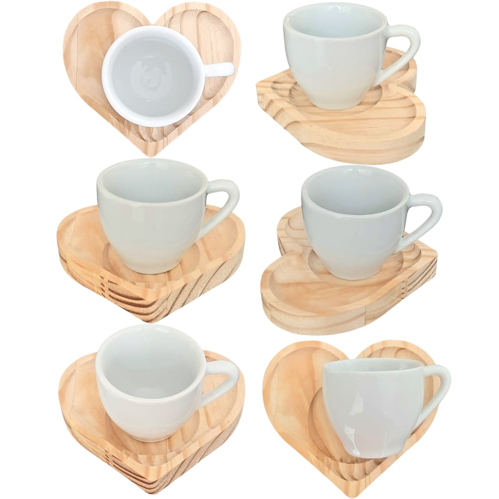 Jogo 6 xícaras café expresso 75ml Porcelana c/ pires coração