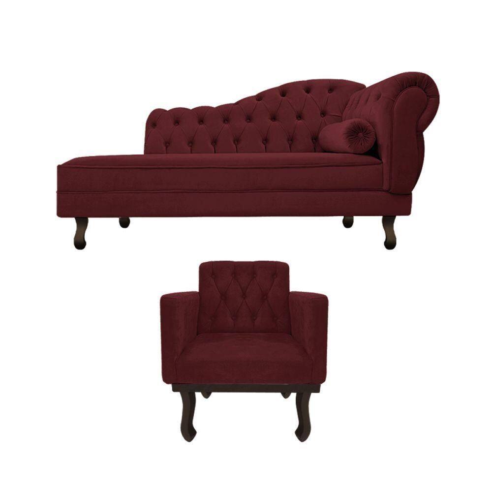 Kit Diva Recamier Diana 130cm Lado Esquerdo e 01 Poltrona Classic Suede Bordô