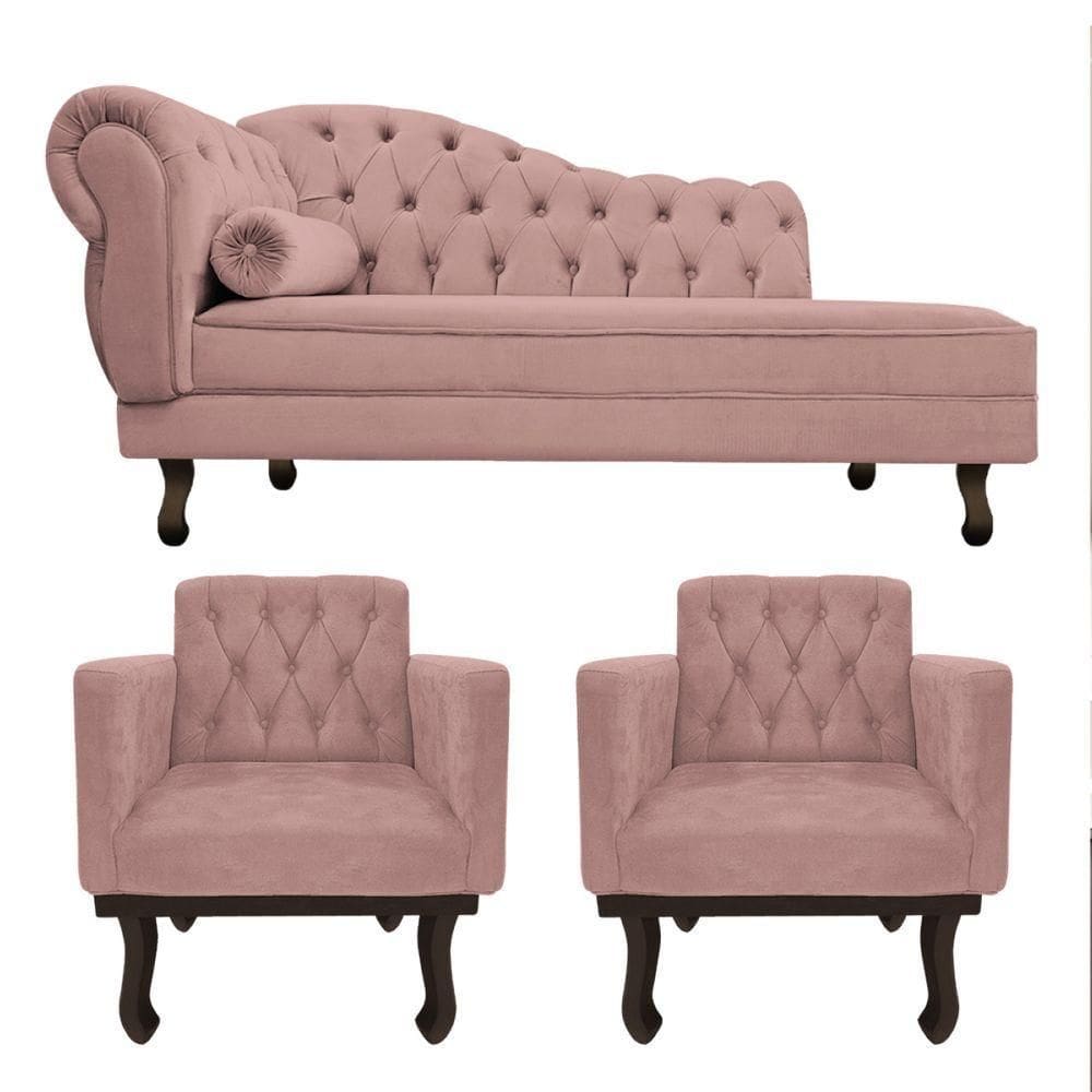 Kit Diva Recamier Diana 130Cm Lado Direito E 02 Poltronas Classic Linho - Amarena Móveis