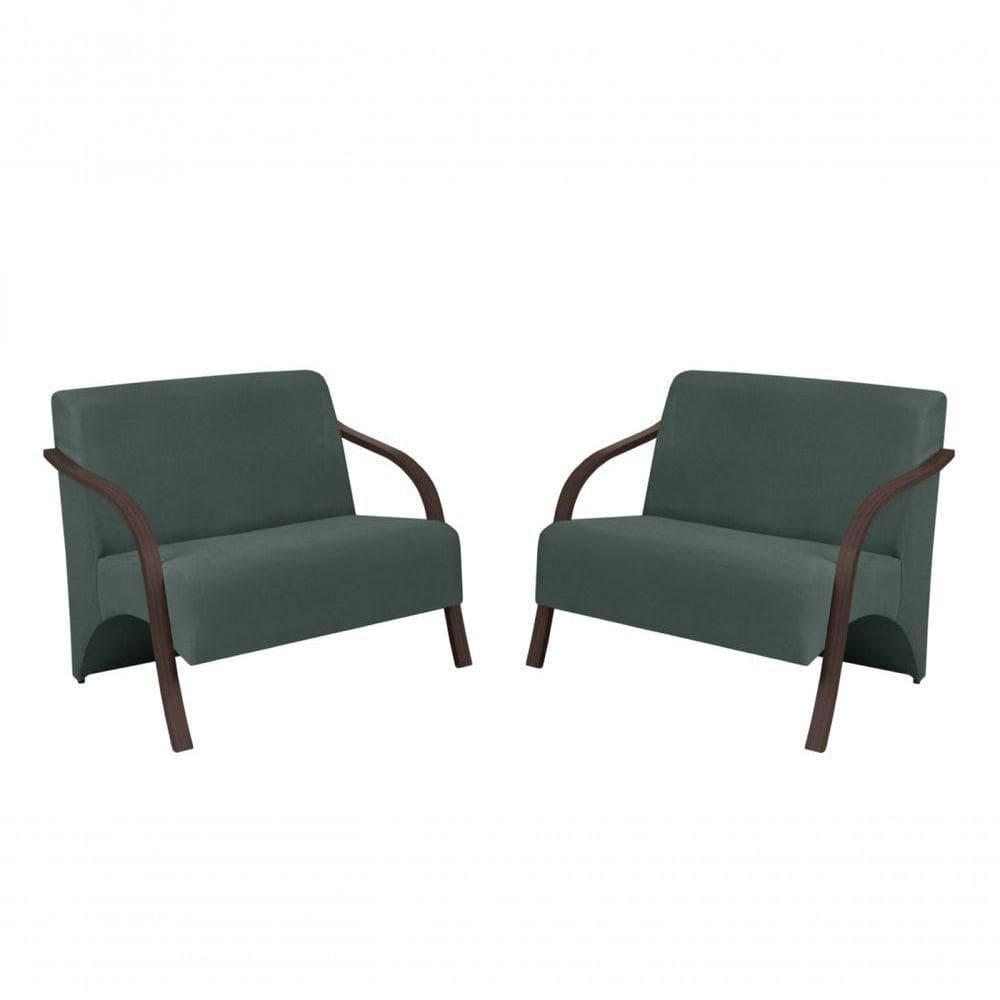 Kit 2 Poltronas 2 Lugares Vênus Suede Braço Madeira