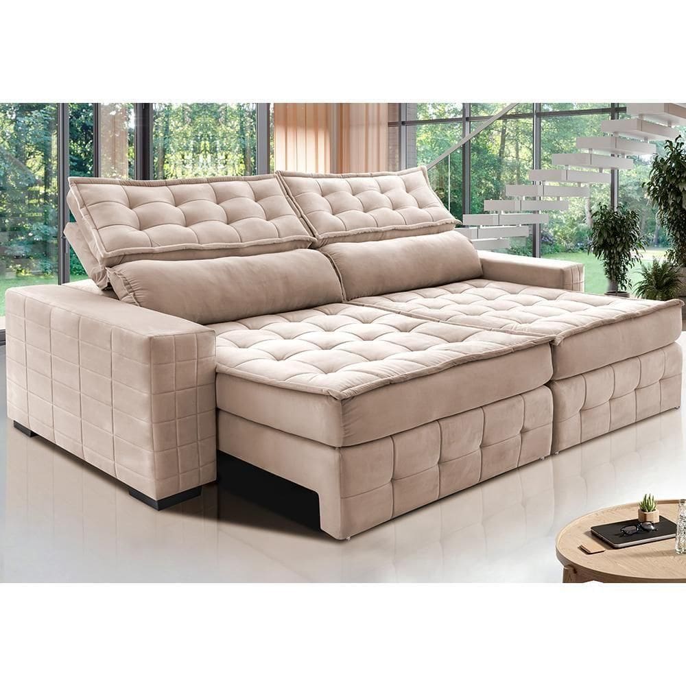 Sofá Retrátil E Reclinável 2,95M Cama Inbox Big Puffer Com Softgel D40 Velupluma Bege