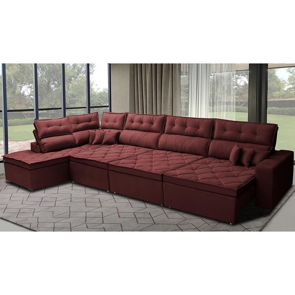 Sofá De Canto 4,80x2,36m Retrátil E Reclinável Com Molas Cama Inbox Platinum Esquerdo Suede Vinho