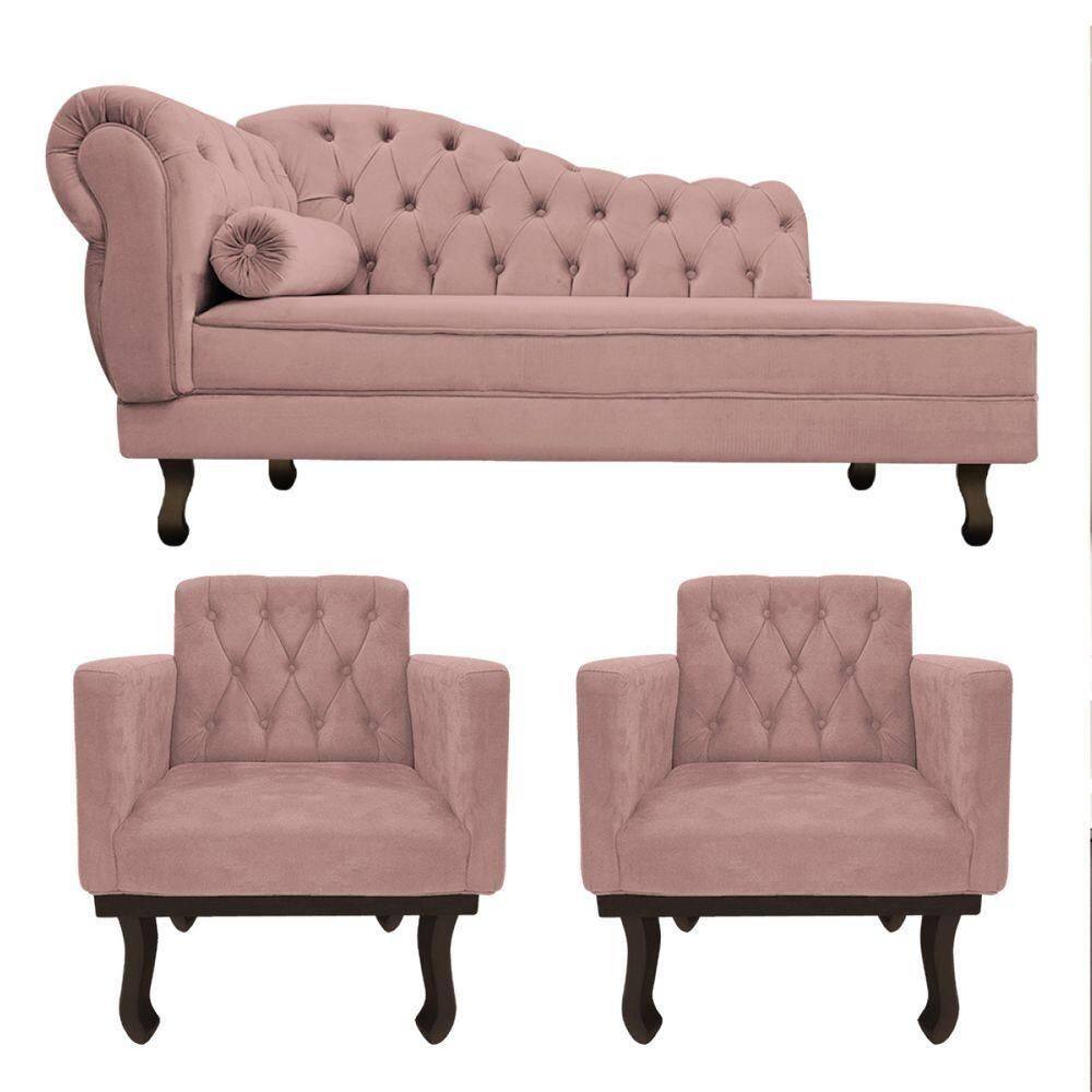 Kit Diva Recamier Diana 140Cm Lado Direito E 02 Poltronas Classic Linho - Amarena Móveis
