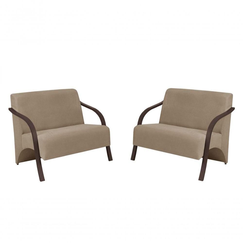 Kit 2 Poltronas 2 Lugares Vênus Suede Braço Madeira