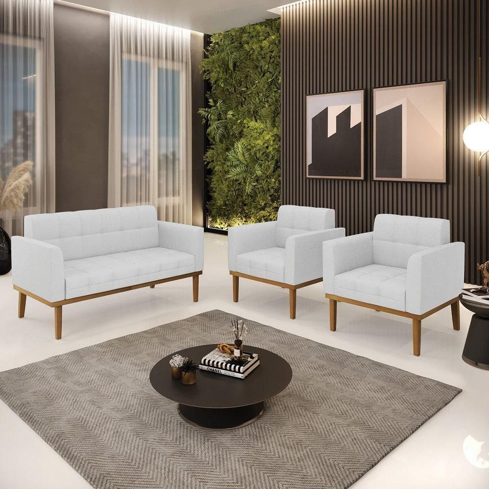 Conjunto 2 Poltronas E 1 Namoradeira Decorativa Pés Fixo Em Madeira Castanho Linho Cinza