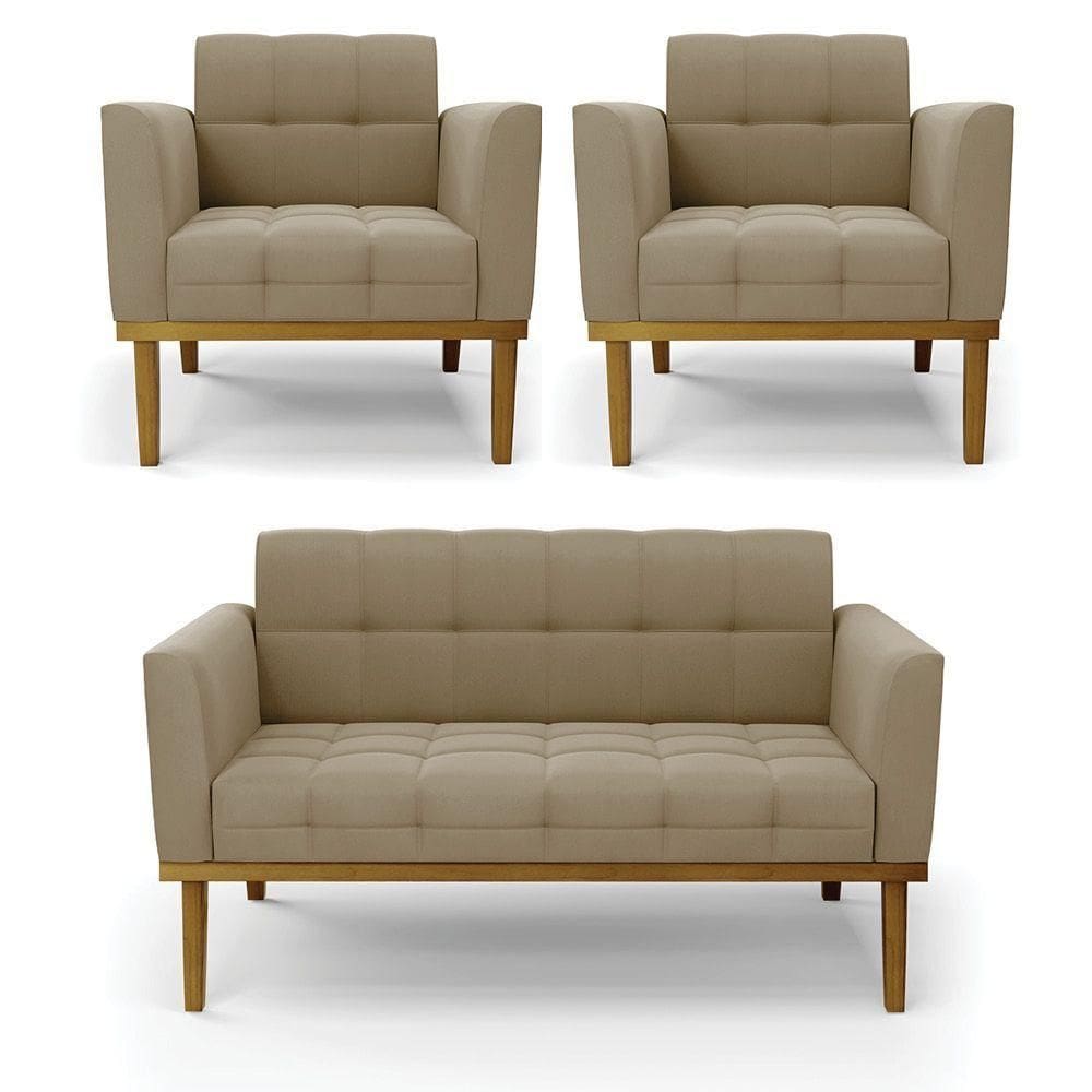 Conjunto 2 Poltronas E 1 Namoradeira Decorativa Pés Fixo Em Madeira Castanho Suede Nude