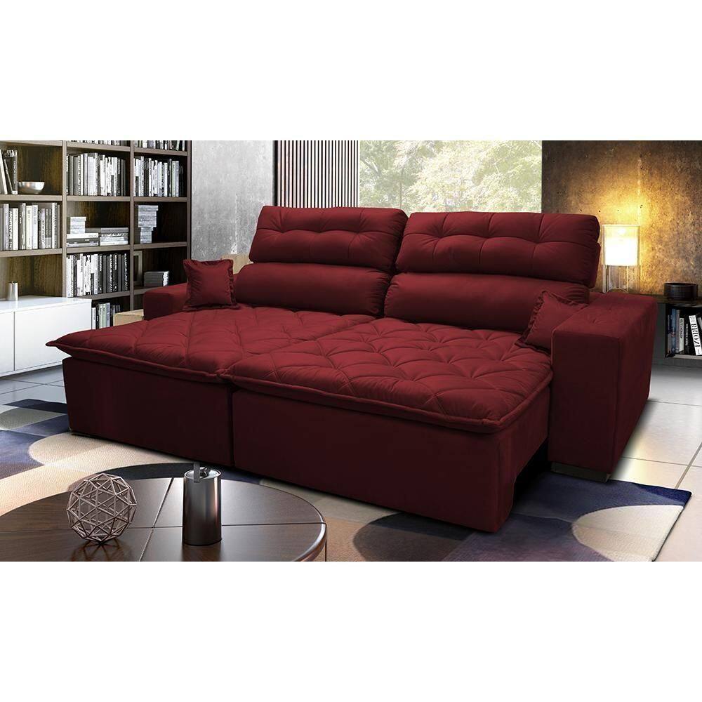 Sofá 2,42m Retrátil E Reclinável Com Molas Cama Inbox Confort Tecido Suede Velusoft Vinho