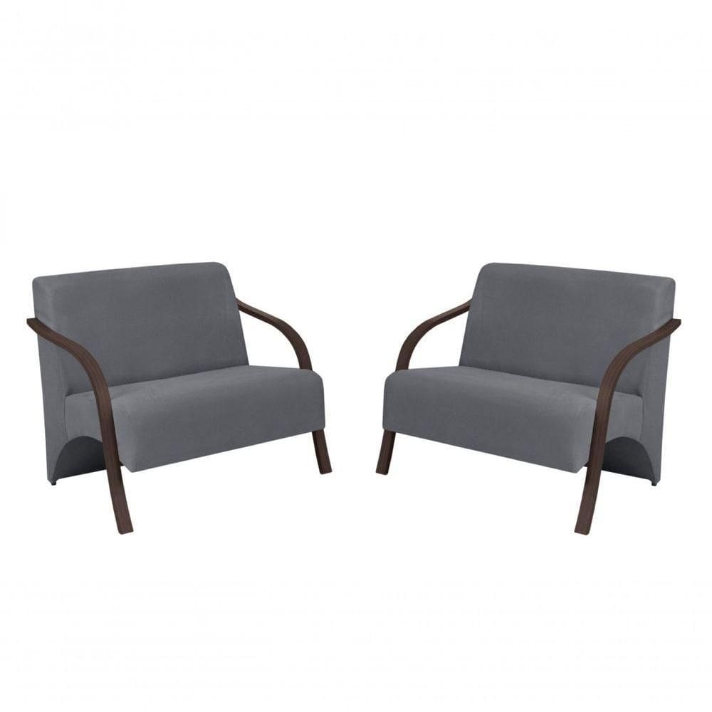 Kit 2 Poltronas 2 Lugares Vênus Suede Braço Madeira