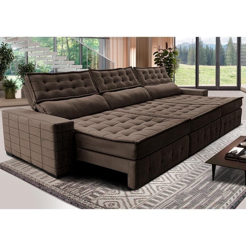 Sofá Retrátil E Reclinável 4,15M Cama Inbox Big Puffer Com SoftgelD40 Velupluma Café