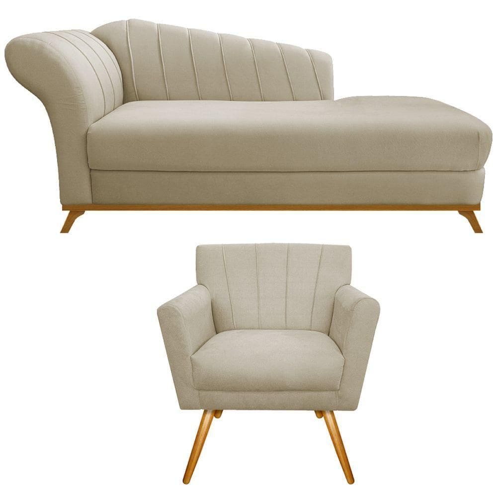 Kit Diva Recamier Vanessa 140cm Lado Direito E 01 Poltrona Laura Linho Cor Bege