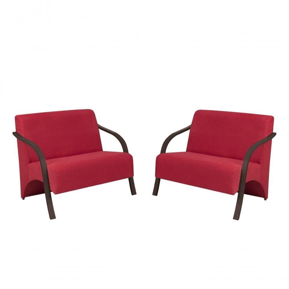 Kit 2 Poltronas 2 Lugares Vênus Suede Braço Madeira