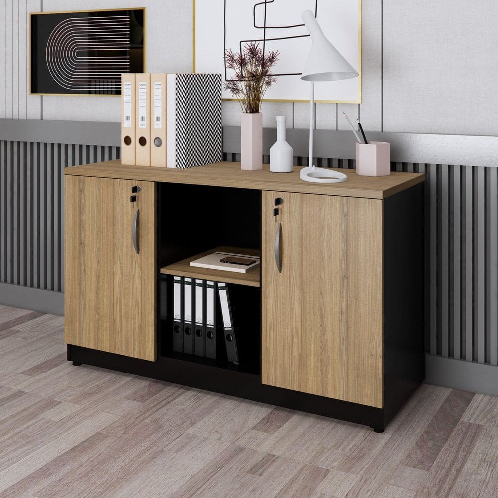 Armário Baixo para Escritório Credenza Amadeirado/Preto