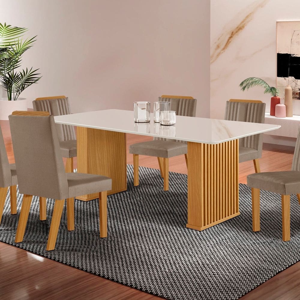 Conjunto Sala de Jantar Mesa Imperatriz 1,80x0,90 com 06 Cadeiras Florença Yescasa Castanho/Capuccino/Off White