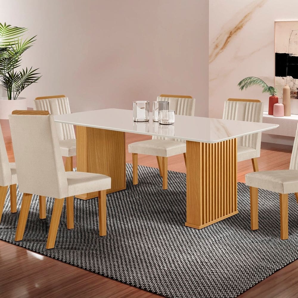 Conjunto Sala de Jantar Mesa Imperatriz 1,80x0,90 com 06 Cadeiras Florença Yescasa Castanho/Creme/Off White