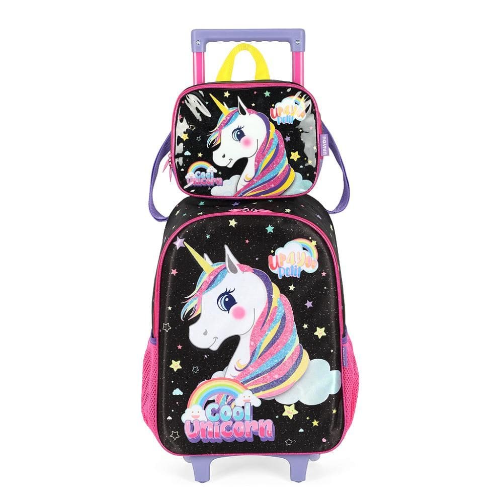 Kit Mochila Rodinhas e Lancheira Luxcel Unicórnio Violeta