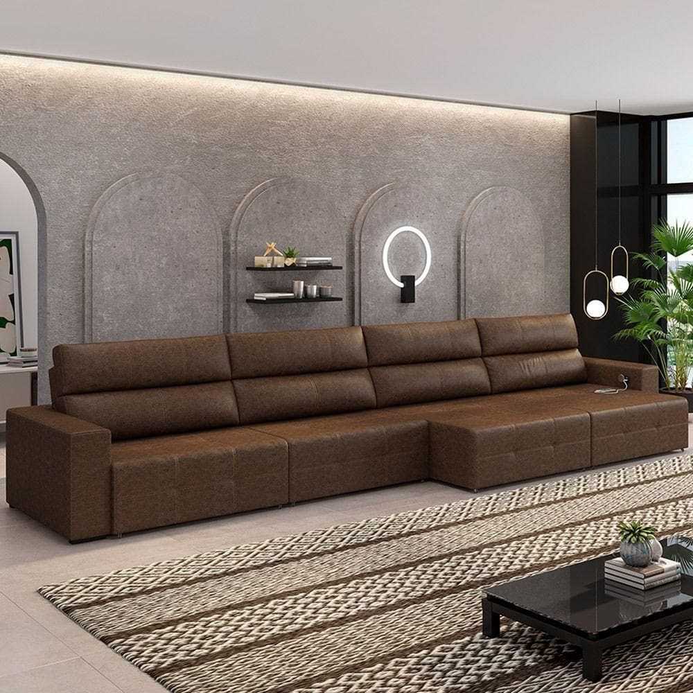 Sofá Retrátil 8 Lugares 524cm 4 Módulos Nero Com Usb Couro Manchado G52 - Gran Belo