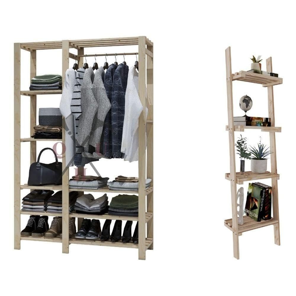 Kit Estante 4 Planos 132X50X30Cm De Sala Até 60Kg Minimalista E Arara Industrial Pinus 8 Prateleiras