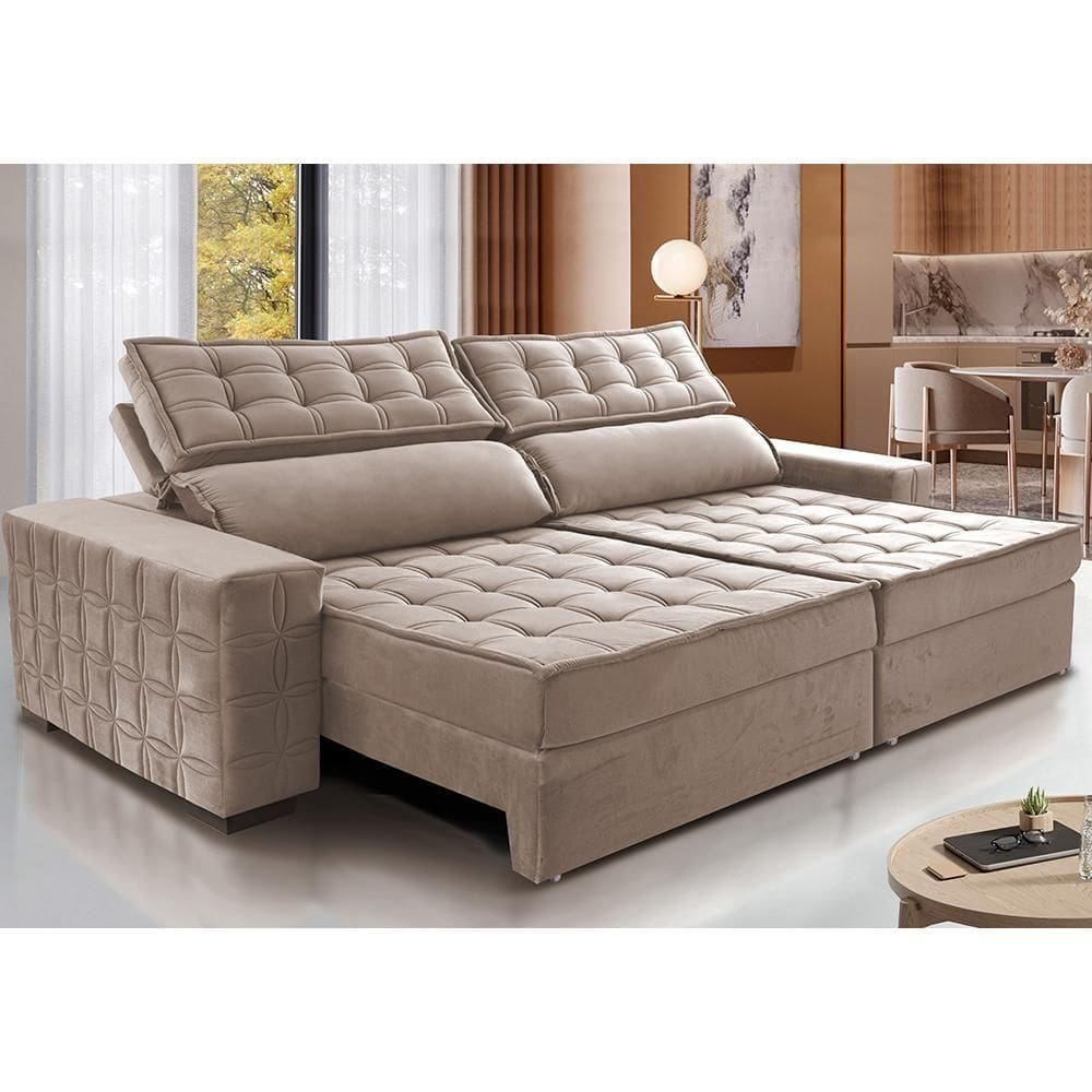 Sofá Retrátil E Reclinável 3,15M Cama Inbox Big Star Com Softgel D40 Velupluma Bege
