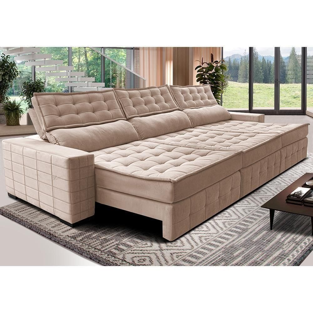 Sofá Retrátil E Reclinável 3,85M Cama Inbox Big Puffer Com Softgel D40 Velupluma Bege