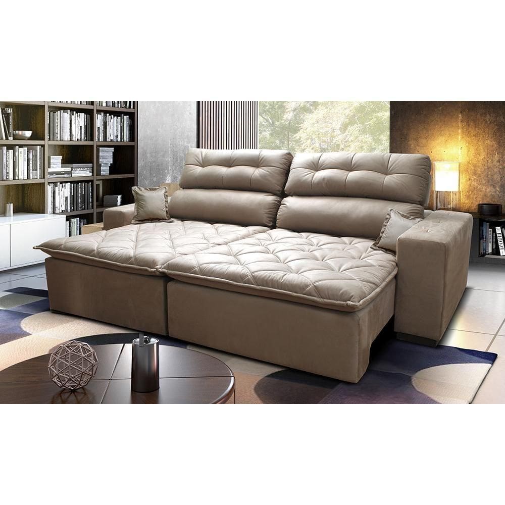 Sofá 2,42m Retrátil E Reclinável Com Molas Cama Inbox Confort Tecido Suede Velusoft Castor