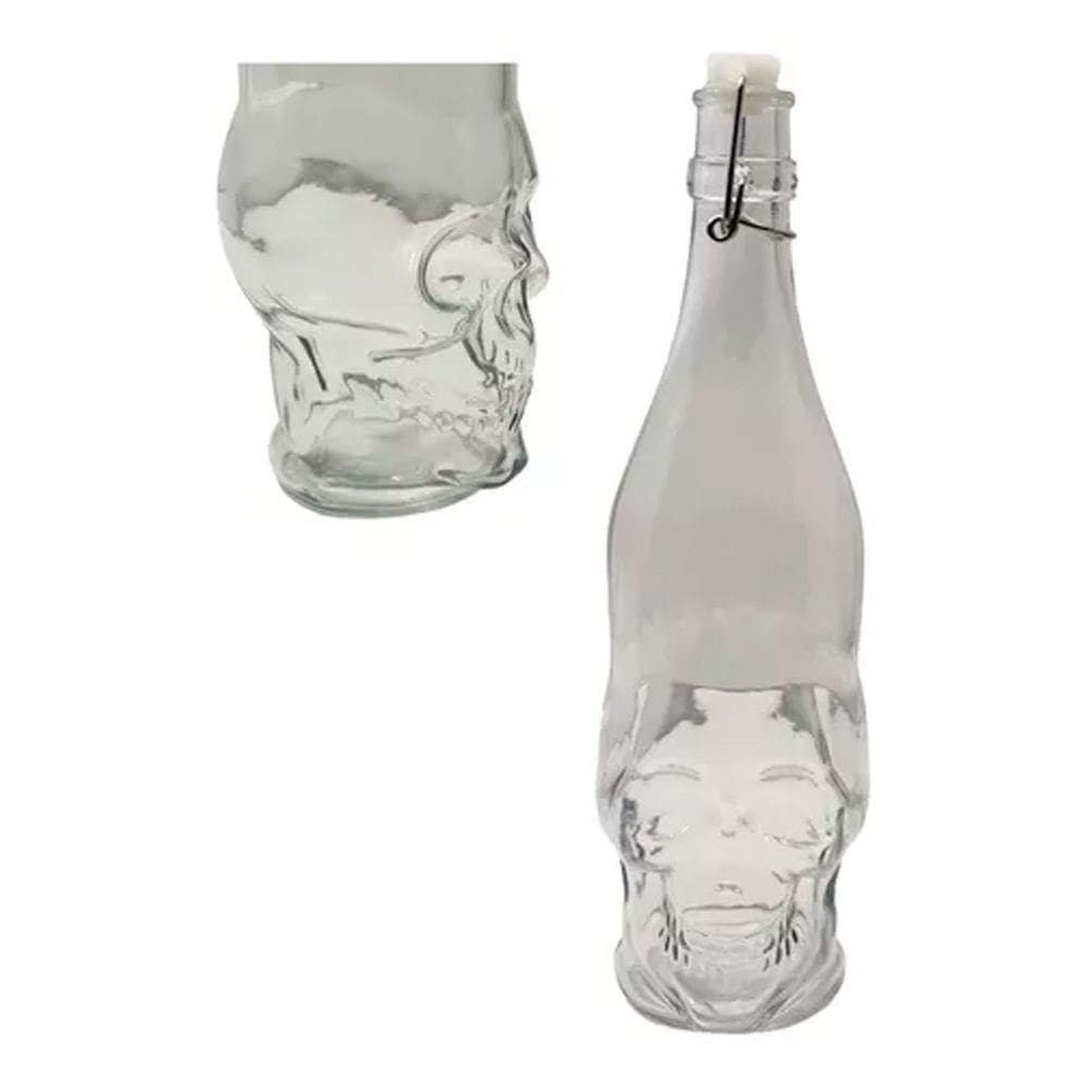 Garrafa de Vidro Formato Crânio Caveira Com Rolha de Plástico Resistente 450ml Para Licor Água