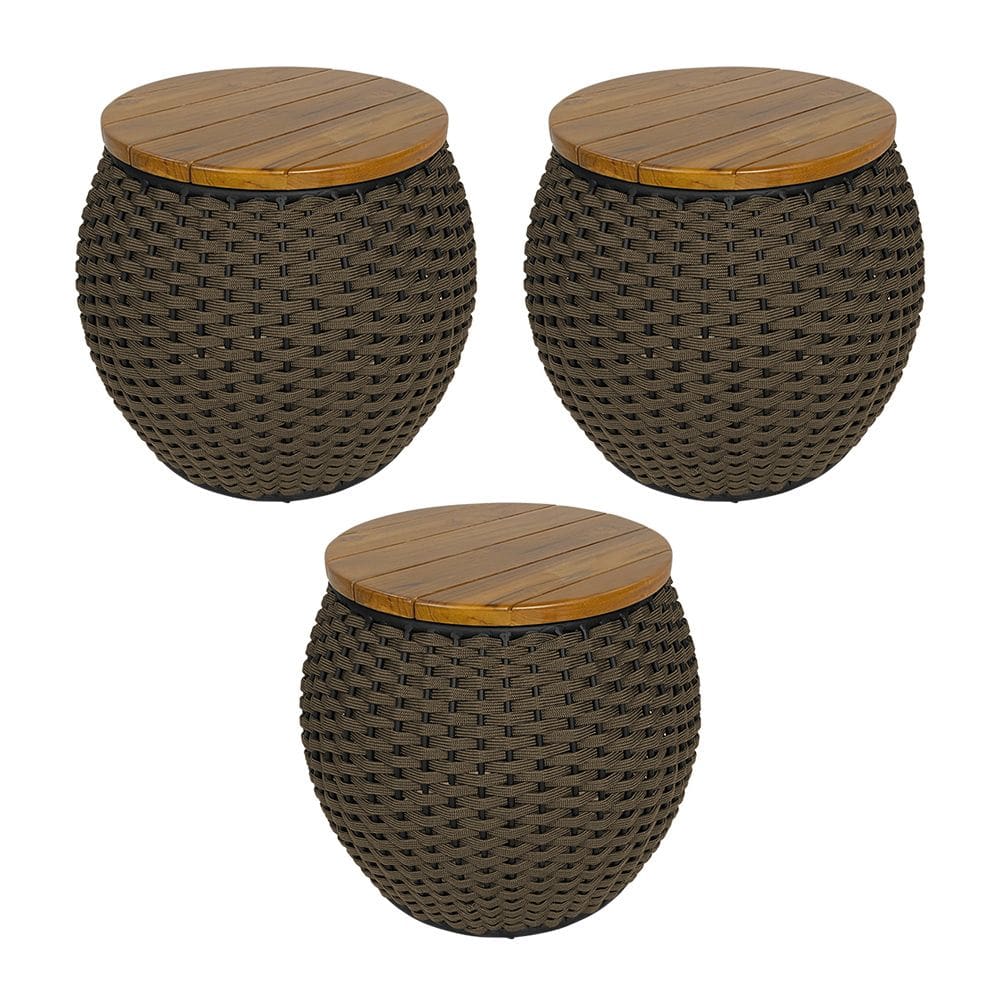 Kit 3 Puffs Barril Alumínio Tampo Madeira Corda Náutica Rami