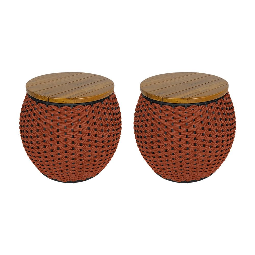 Kit 2 Puffs Barril Alumínio Tampo Madeira Corda Náutica Terracota