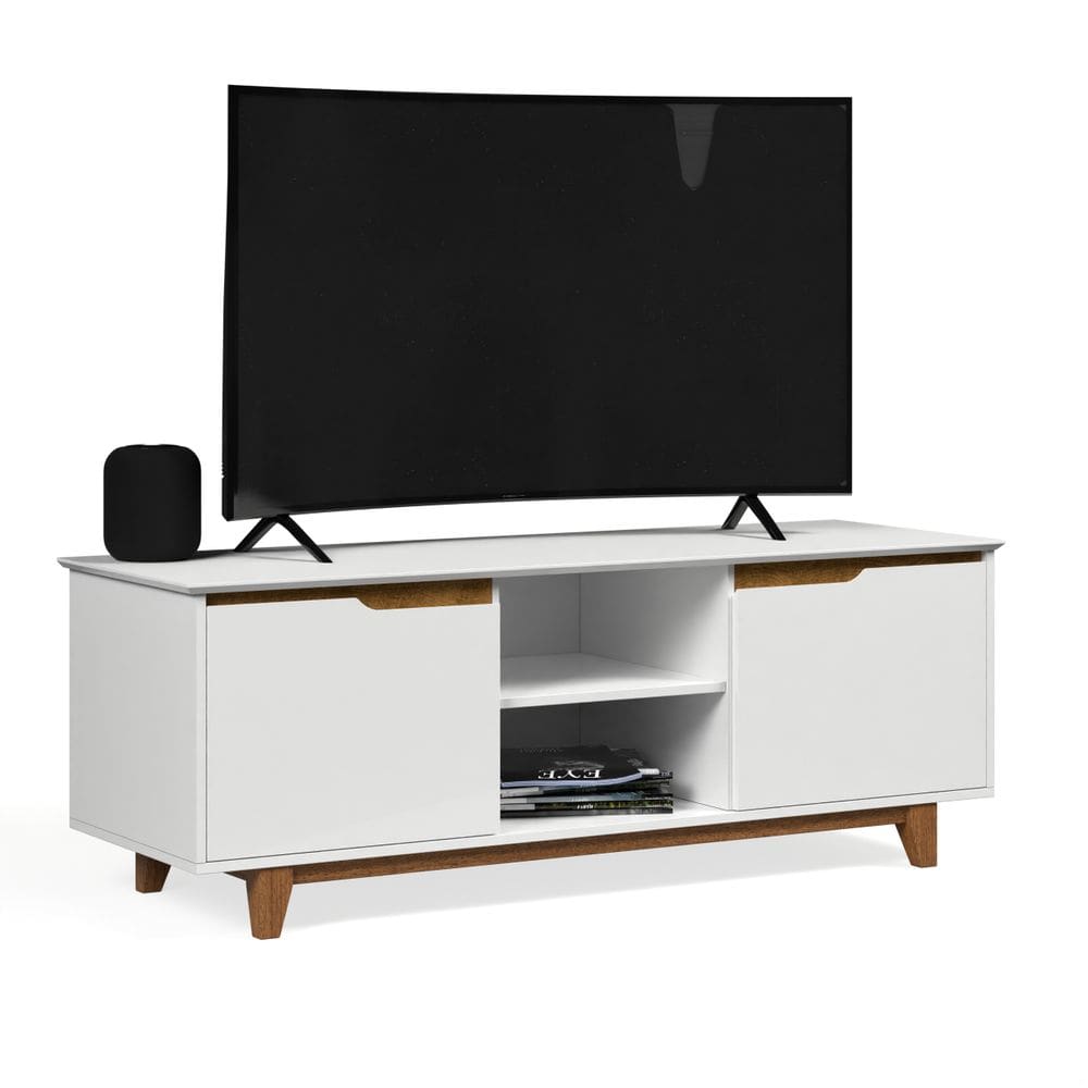 Rack Bancada Flow para Tv 146 cm 2 Portas com Pés de Madeira Branco com Freijó - Rede Móveis