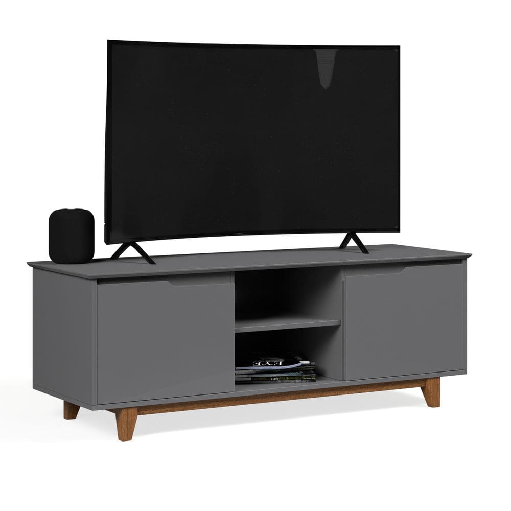 Rack Bancada Flow para Tv 146 cm 2 Portas com Pés de Madeira Cinza - Rede Móveis
