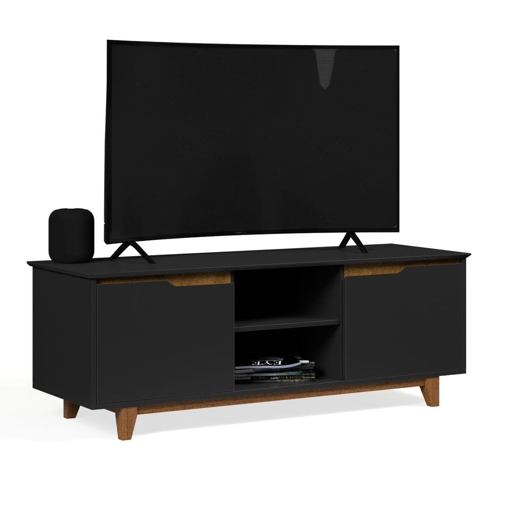 Rack Bancada Flow para Tv 146 cm 2 Portas com Pés de Madeira Preto com Freijó - Rede Móveis
